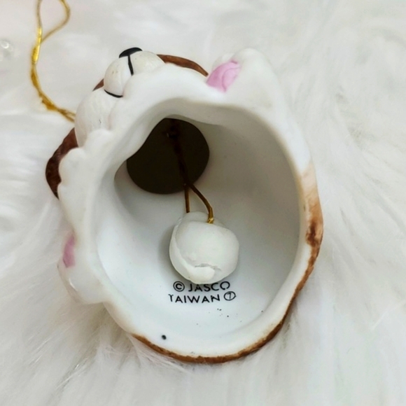 Vintage Ceramic Puppy Dog Pup Christmas Kitschy Holiday Ornament Bell Brown Wht - Picture 11 of 13